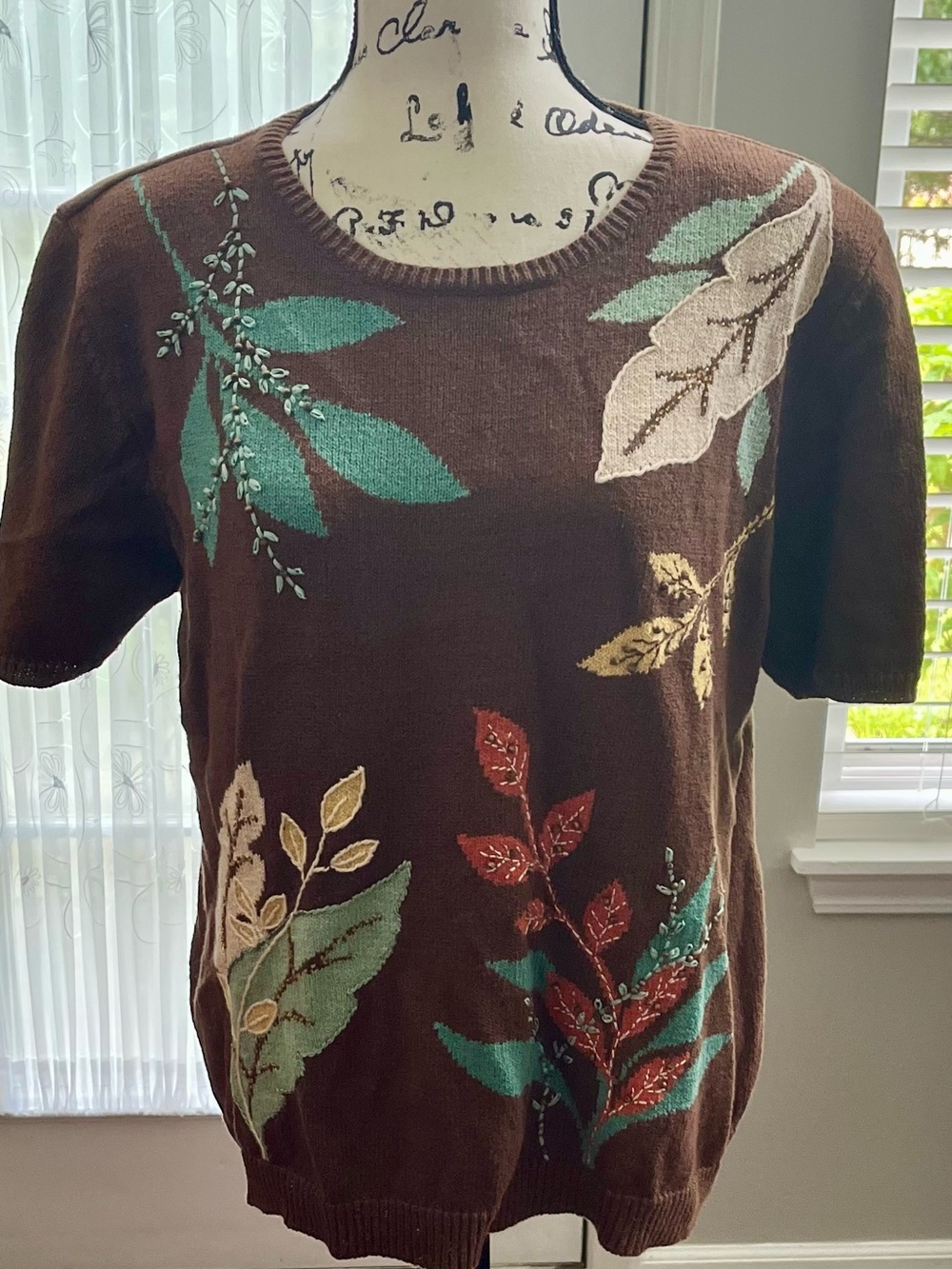 Alfred Dunner Brown Embellished Floral Leaf Knit Sweater Top Size L